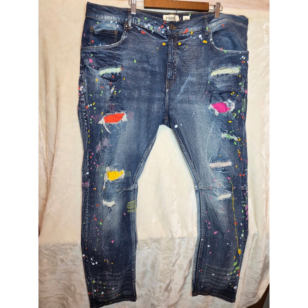 FWRD Denim Mens 44x32‎ Distressed Paint Splatter Moto Jeans Blue Slim Tapered
